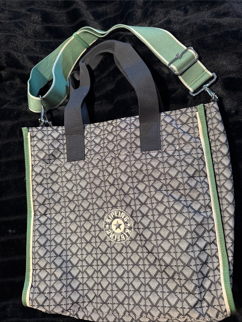 Kipling Black Patterned Tote with Mint Green Trim